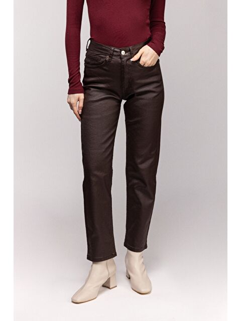 Saade Kahverengi Kadın Mumlu (Waxed) Yüksek Bel Düz Kesim Elastanlı Jean Pantolon - Tam Kalıp - S000506762-19413