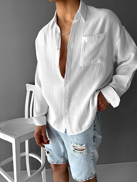 Abluka Online Oversize Fit Uzun Kollu Müslin %100 Pamuk Gömlek Beyaz - S000240394-20063