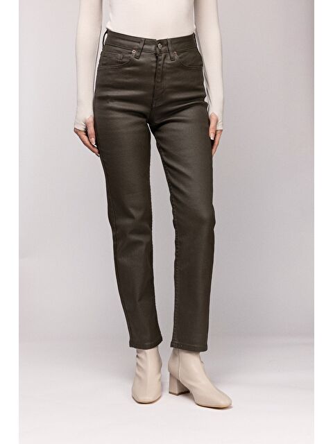 Saade Haki Kadın Mumlu (Waxed) Yüksek Bel Düz Kesim Elastanlı Jean Pantolon - Tam Kalıp - S000506762-20063
