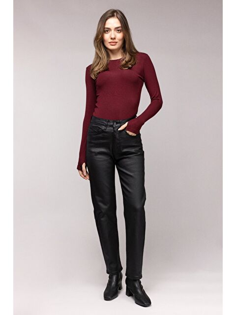 Saade Siyah Kadın Mumlu (Waxed) Yüksek Bel Düz Kesim Elastanlı Jean Pantolon - Tam Kalıp - S000506762-19351