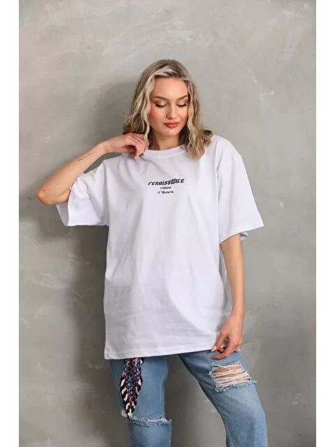 Jane's Unisex Baskılı Oversize T-Shirt - Beyaz