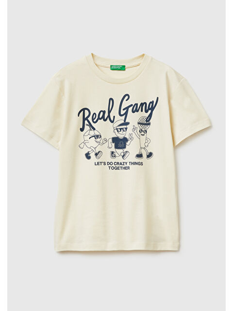 United Colors Of Benetton Erkek Çocuk Krem Tema Baskılı Rahat Kalıp Bisiklet Yaka T-Shirt