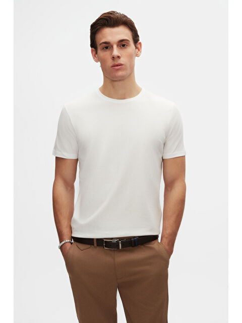 D'S damat Slim Fit Ekru Bisiklet Yaka %100 Pamuklu Nefes Alabilen Tişört - S000398489-19965