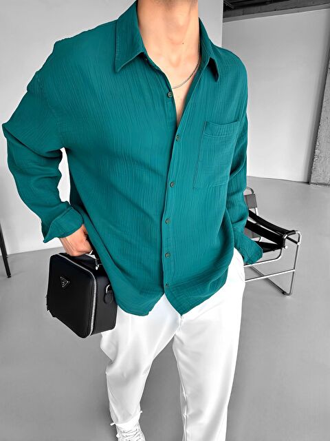 Abluka Online Oversize Fit Uzun Kollu Müslin %100 Pamuk Gömlek Koyu Yeşil - S000240394-19416
