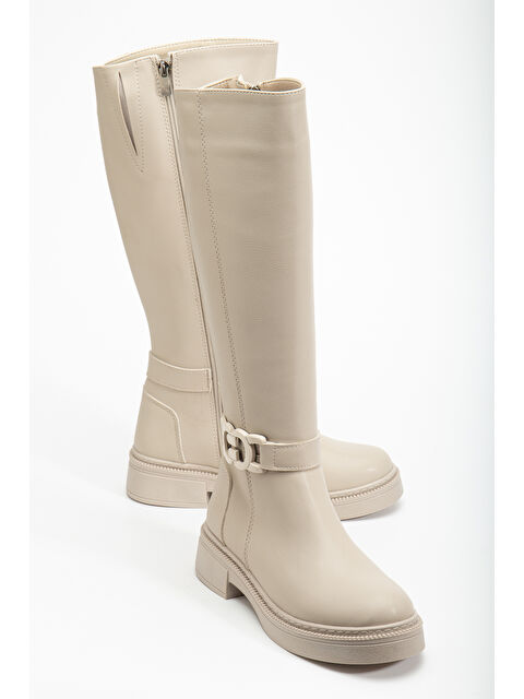 TONNY BLACK Kadın Bej Cilt Kalın Termo Taban Tokalı Fermuarlı Çizme - S000493864-19927