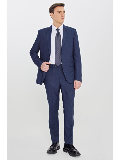 Altınyıldız Classics Erkek Lacivert-Mavi Slim Fit Dar Kesim Mono Yaka Desenli Takım Elbise