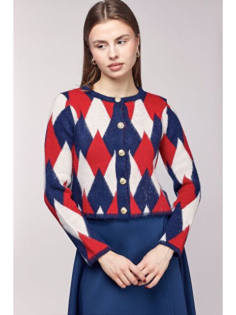 Saade Kırmızı Yumuşak Dokulu Renk Blok Baklava Desenli Düğmeli Crop Hırka - S000506764-20045