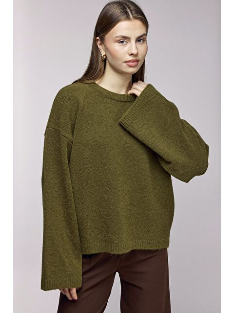 Saade Haki Bisiklet Yaka Oversize Dokulu Triko Kazak - Geniş Kol Detay - S000506765-20063