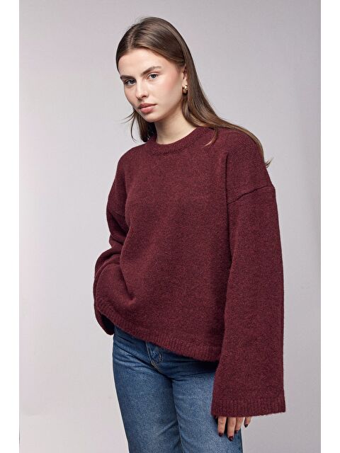 Saade Bordo Bisiklet Yaka Oversize Dokulu Triko Kazak - Geniş Kol Detay - S000506765-19951