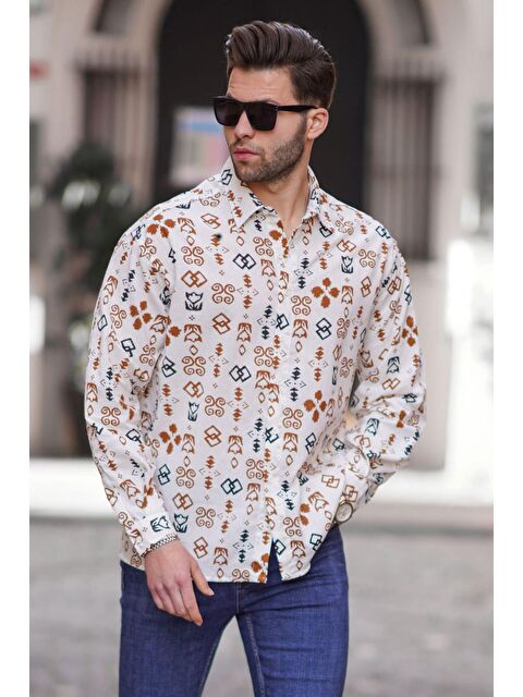 Madmext Kahverengi Desenli Uzun Kollu Oversize Erkek %100 Pamuk Gömlek 6731 - S000197594-19413