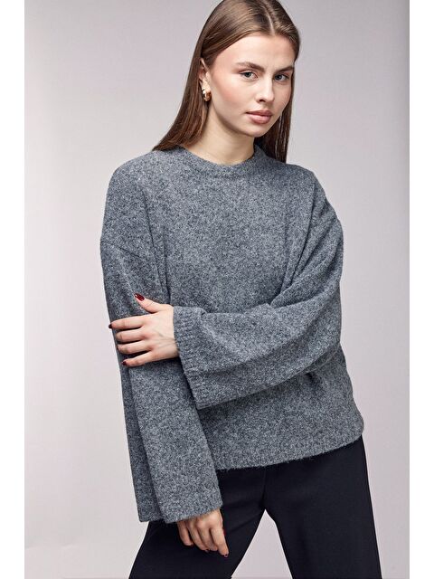 Saade Füme Bisiklet Yaka Oversize Dokulu Triko Kazak - Geniş Kol Detay - S000506765-33408