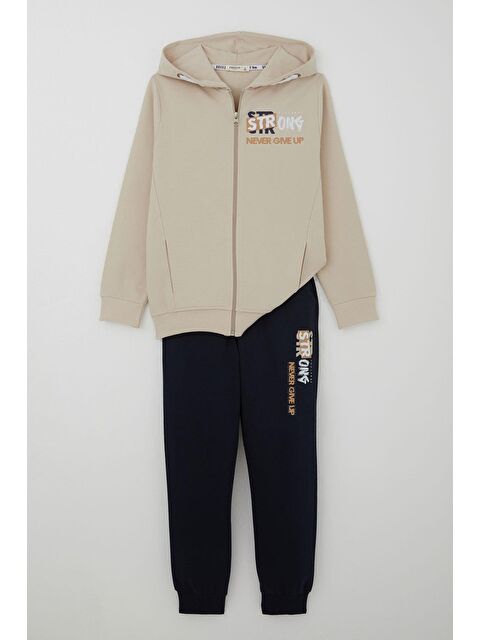 Breeze Erkek Çocuk Eşofman Takım Kapüşonlu Yazı Baskılı Cepli Bej (8-14 Yaş) - S000501803-19928