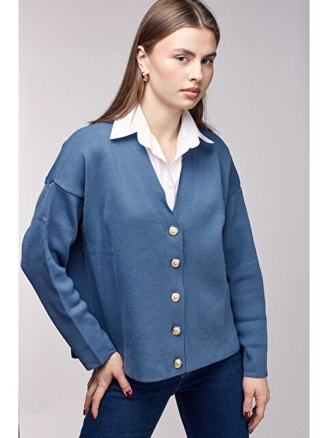 Saade İndigo Gömlek Görünümlü Oversize Triko Hırka - S000506766-23093