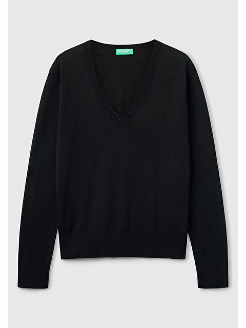 United Colors Of Benetton Kadın Siyah Viskoz ve İpek Karışımlı V Yaka Triko Kazak - S000425622-19351