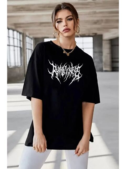 Jane's Unisex Bisiklet Yaka Baskılı Oversize T-Shirt - Siyah