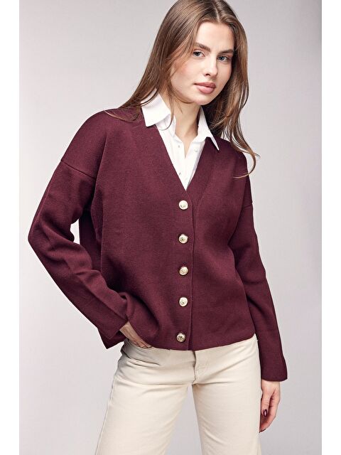 Saade Bordo Gömlek Görünümlü Oversize Triko Hırka - S000506766-19951