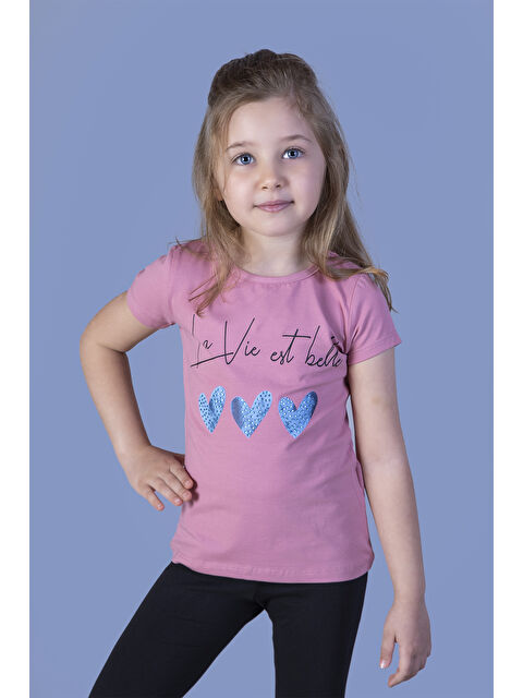 Toontoykids Kız Çocuk Kalp Desenli Yazı Baskılı Taş İşlemeli Tişört - S000361510-20028