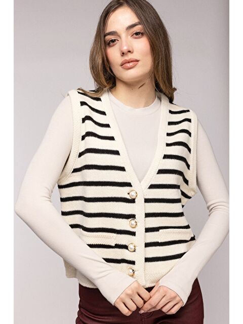 Saade Ekru Çizgili İnci Düğmeli V Yaka Triko Yelek - S000506767-20063