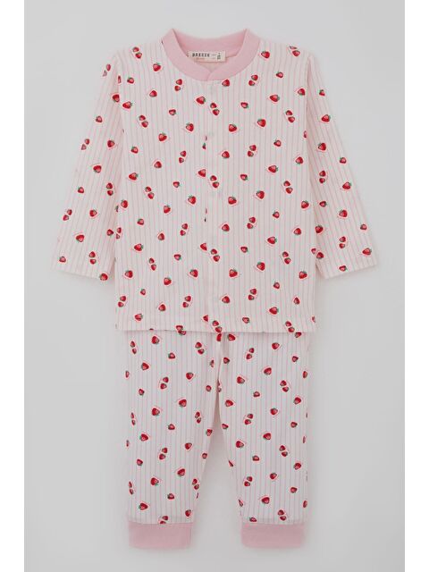 Breeze Kız Bebek Pijama Takımı Önden Çıtçıtlı Çilek Desenli Ekru (4 Ay-1 Yaş)