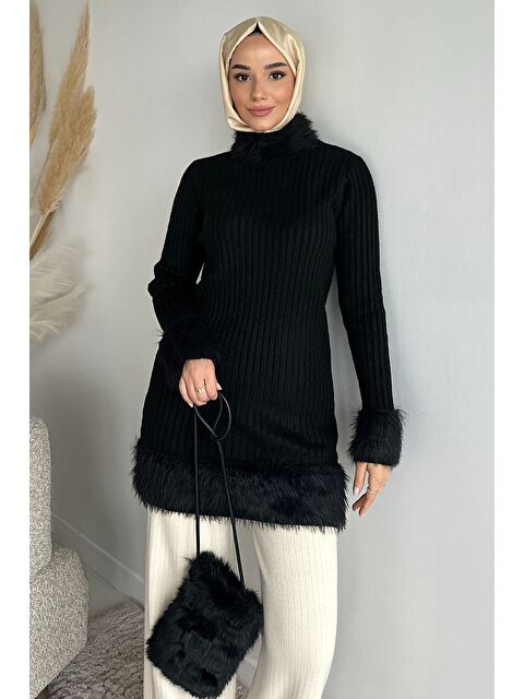 Julude Gülseli Pelüş Detaylı Kendinden Çizgi Desenli Tesettür Triko Tunik - S000517563-19351