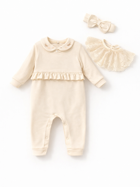 Verona Tarz Kız Bebek Pamuklu Yakası Danteli Parça Tulum Seti 3 Parça %100 Pamuk - S000494807-19965