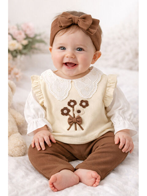 Verona Tarz Kız Bebek Çiçek Nakışlı Dantel Yakalı 3’lü Pamuklu Takım - S000494803-19413