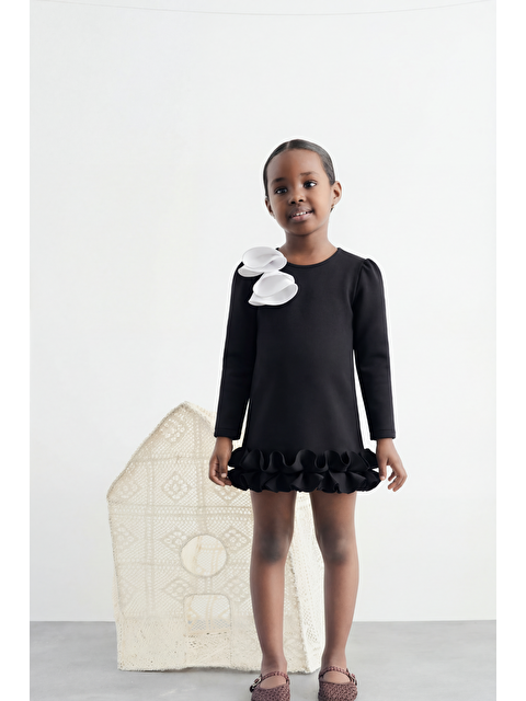 Magu Kız Çocuk Pamuklu Siyah Fiyonklu Volanlı Elbise - Uzun Kollu - S000494804-19351