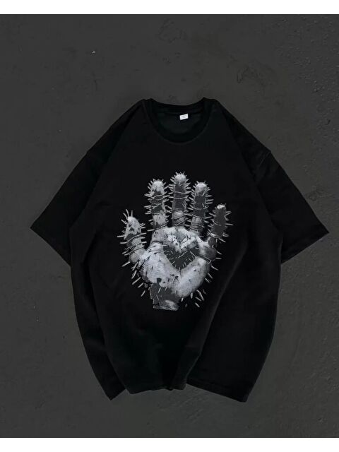 Jane's Unisex Bisiklet Yaka Baskılı Oversize T-Shirt - Siyah