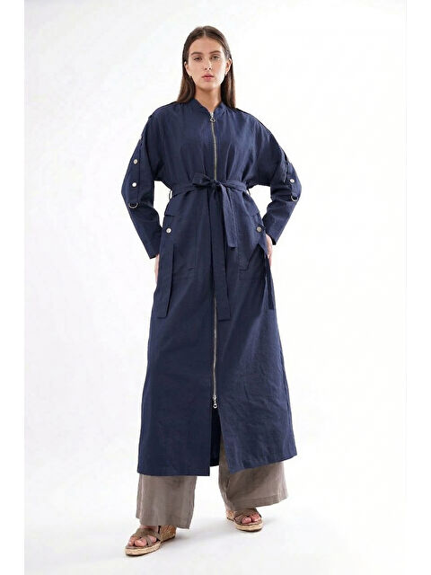 Remsa Kolu Çıtçıt Detay Önden Fermuarlı Safari Kap Ceket 820 Lacivert - S000531375-21164