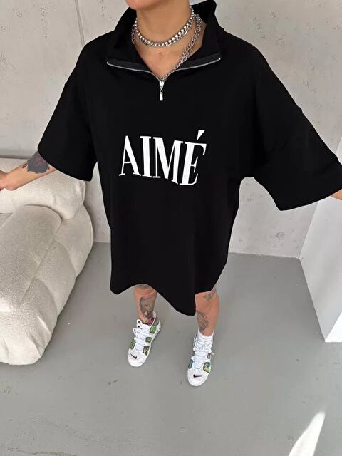 Jane's Unisex Yarım Fermuarlı Baskılı T-Shirt - Siyah