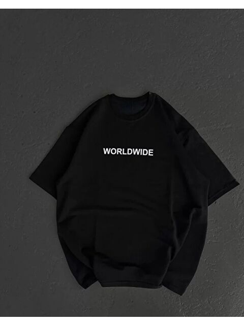 Jane's Unisex Bisiklet Yaka Baskılı Oversize T-Shirt - Siyah