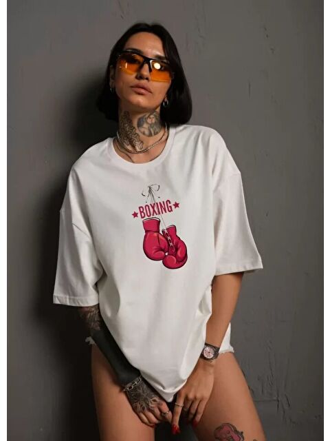 Jane's Unisex Bisiklet Yaka Baskılı Oversize T-Shirt - Beyaz