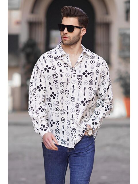 Madmext Siyah Desenli Uzun Kollu Oversize Erkek %100 Pamuk Gömlek 6731 - S000197594-19351