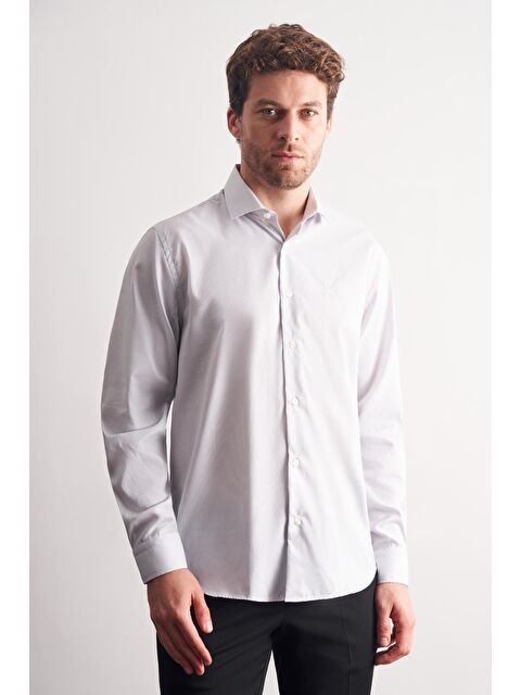 İMZA Beyaz - Gri Yarım İtalyan Yaka Çizgili Desen Uzun Kol Premium Slim Fit %100 Pamuk Gömlek 1004255191 - S000505497-37227