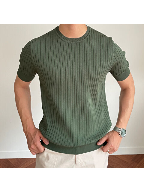 Tarz Cool Erkek Fitilli Slim Fit Bisiklet Yaka Triko Tişört - S000342189-18547