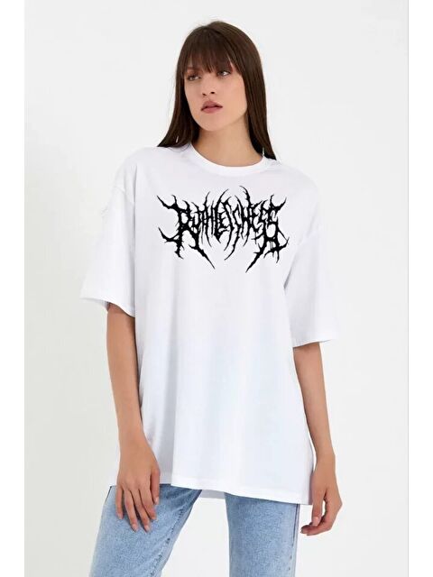 Jane's Unisex Bisiklet Yaka Baskılı Oversize T-Shirt - Beyaz