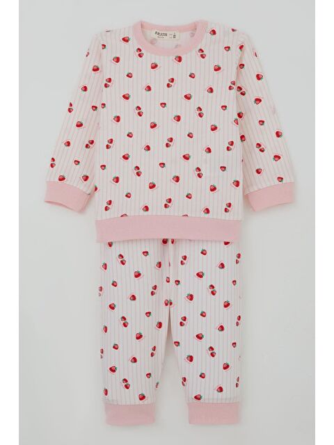 Breeze Kız Bebek Pijama Takımı Omuzdan Patlı Çilek Desenli Ekru (4 Ay-1 Yaş)