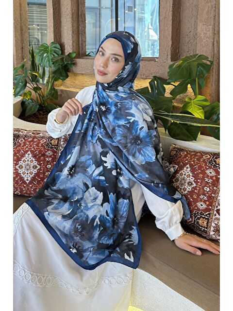 Lamelif Çiçek Desen Bambu Şal Gece Mavisi - S000529575-17234