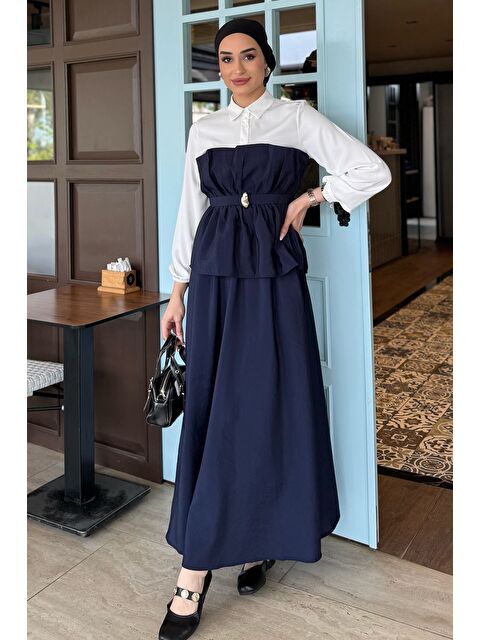 Julude Ön Tokalı Gömlek Garnili Bluz Etek Tesettür İkili Takım - S000386614-21164