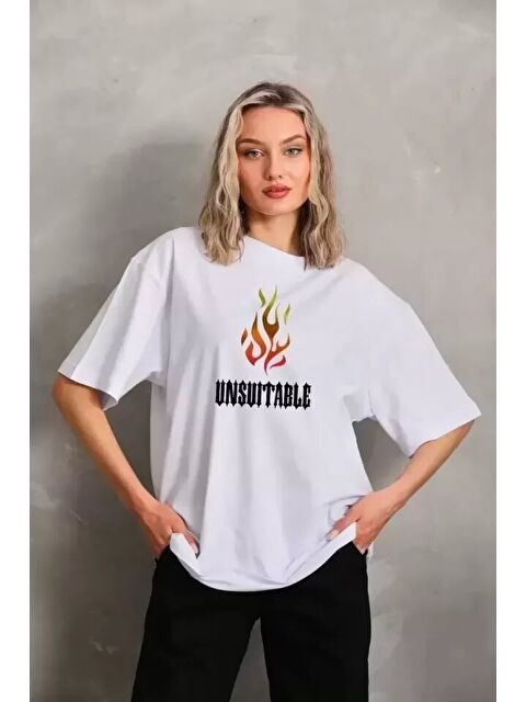 Jane's Unisex Bisiklet Yaka Baskılı Oversize T-Shirt - Beyaz