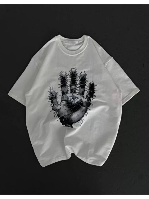 Jane's Unisex Bisiklet Yaka Baskılı Oversize T-Shirt - Beyaz