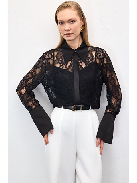 SATEEN Dantel Gömlek - Siyah - S000521658-19351