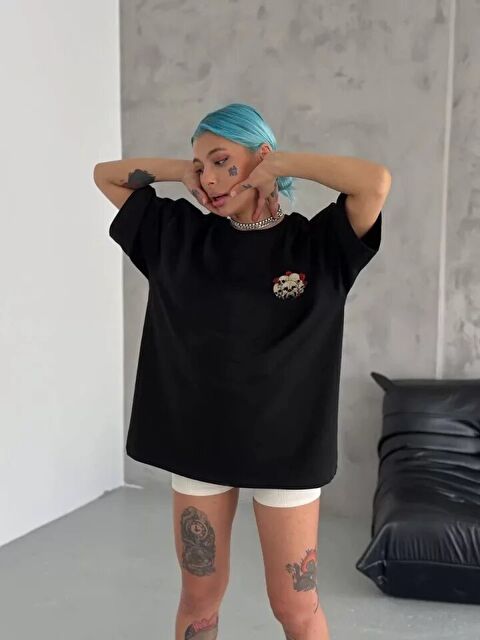 Jane's Unisex Bisiklet Yaka Baskılı Oversize T-Shirt - Siyah