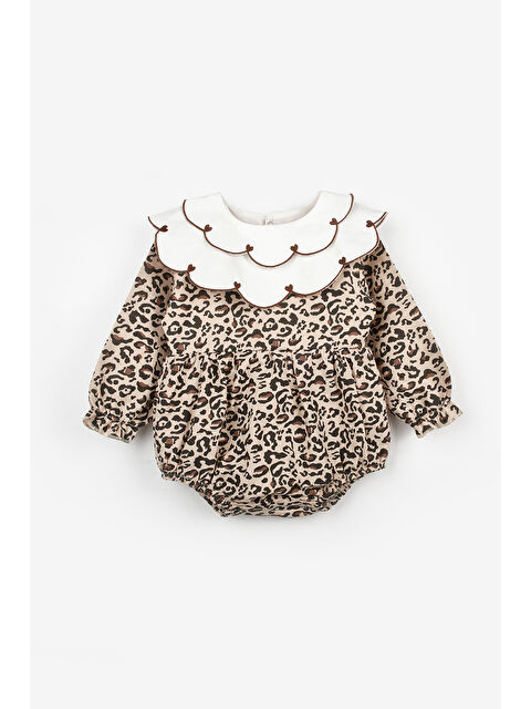 Le Mabelle Kahverengi Kalp Desen Yakalı Kız Bebek Keten Tulum - Fabiana - S000486481-19413