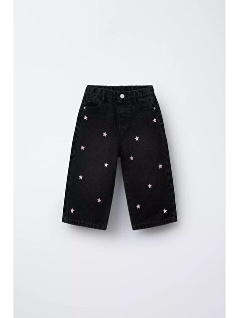 Magu Kız Çocuk Pamuklu Siyah Yıldız Desenli Denim Pantolon – Elastik Bel, Rahat Kesim - S000492763-19351