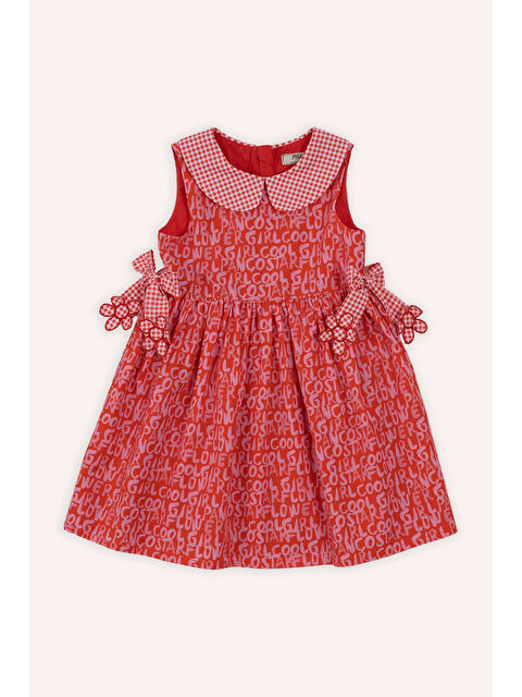 Panço Kız Bebek Yaka Detaylı Eteği Volanlı Aplike Detaylı Desenli Nar Elbise - S000524297-20048