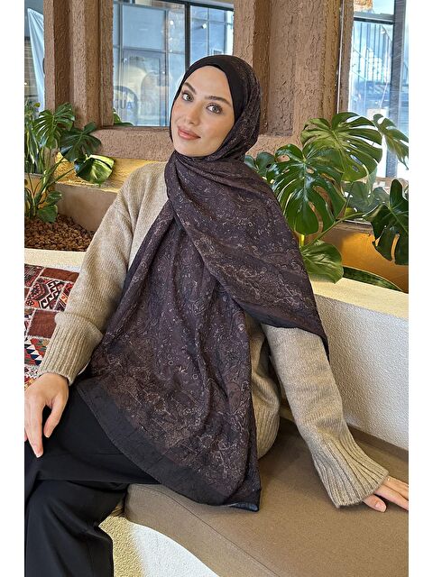 Lamelif Retro Desen Bambu Şal Siyah Kahverengi - S000529576-37433