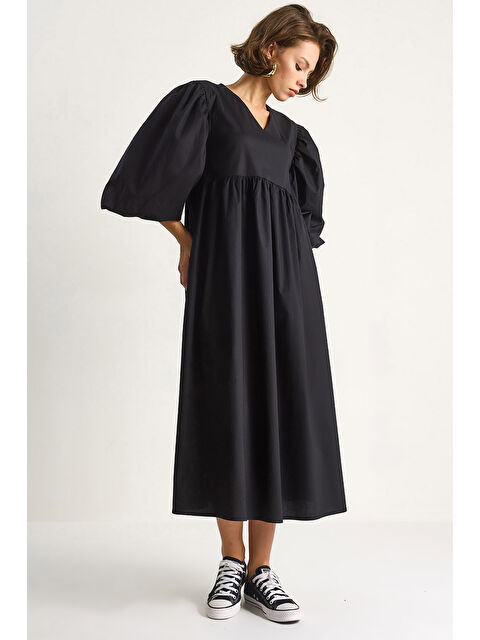 SHADE Kadın V Yaka Balon Kol Uzun Elbise - S000442435-19351