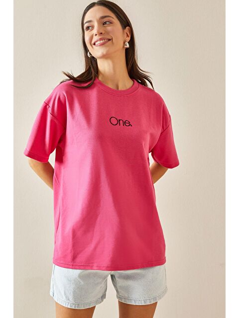 Xhan Fuşya Bisiklet Yaka Yazılı Oversize Tshirt 5YXK1-48703-07 - S000219946-18686