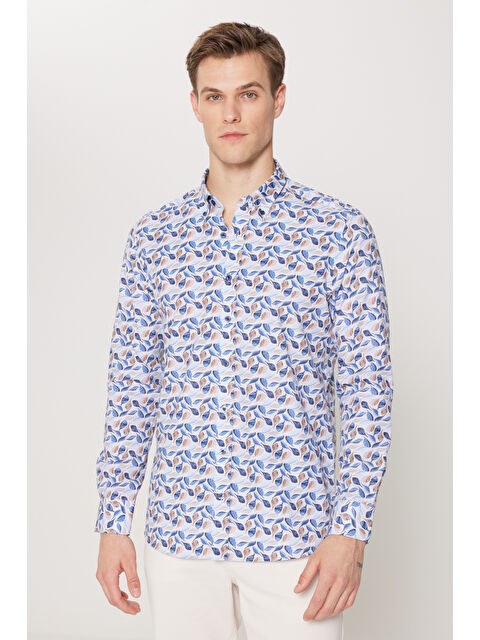 AC&Co / Altınyıldız Classics Erkek Bej-Mavi %100 Pamuk Dar Kesim Düğmeli Yaka Baskılı Gömlek - S000512464-37213